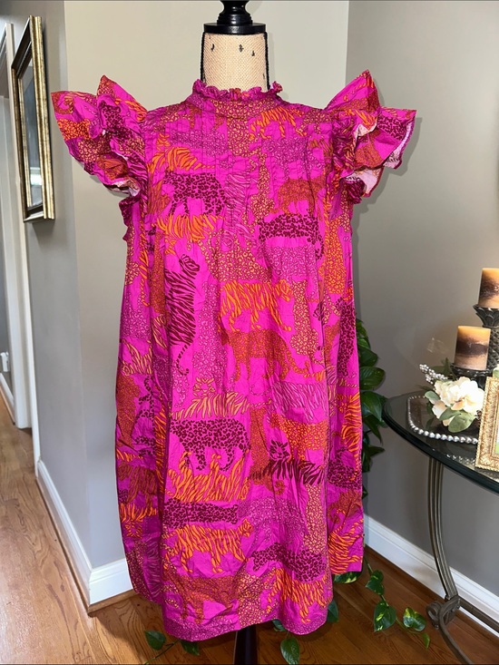 Sugarlips Dresses & Skirts - Sugarlips Hot Pink and Orange Animal-Print Ruffle-Shoulder Midi Dress size small